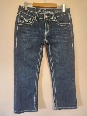 Vintage Y2K LA Idol Rhinestone Thick Stitch Flap Pocket Denim Capris 9